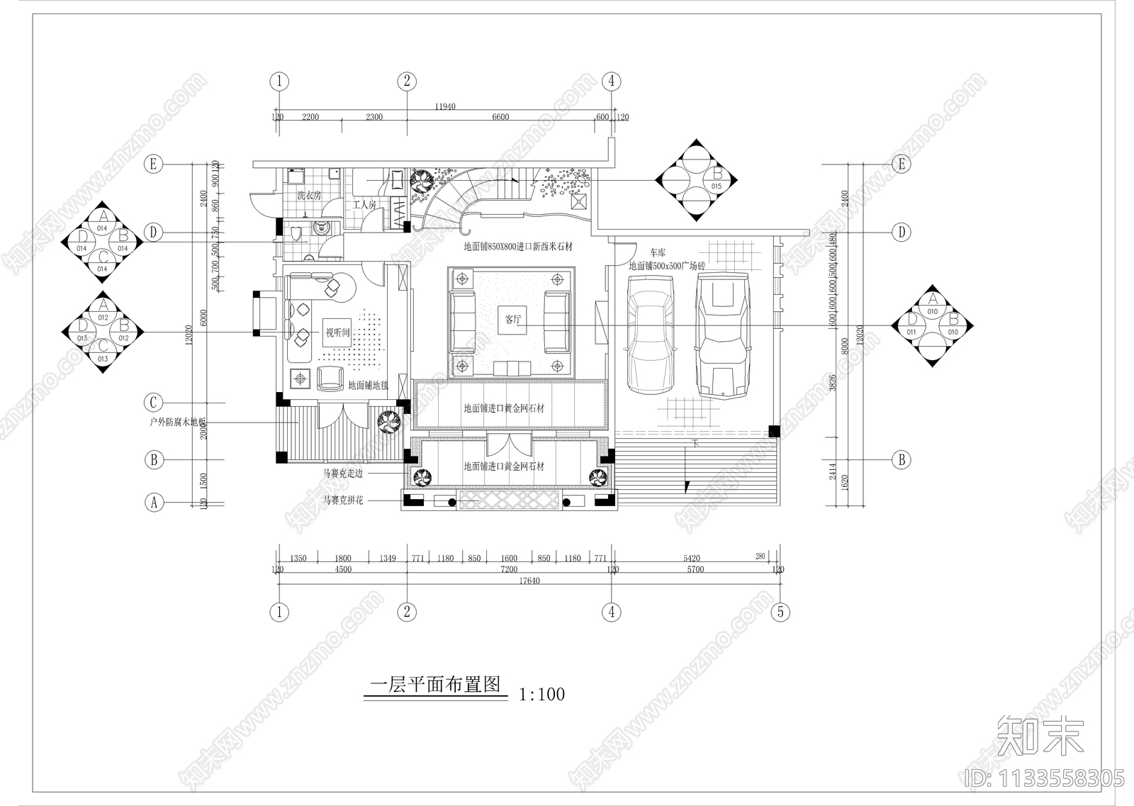 三层独栋别墅样板装修cad施工图下载【ID:1133558305】