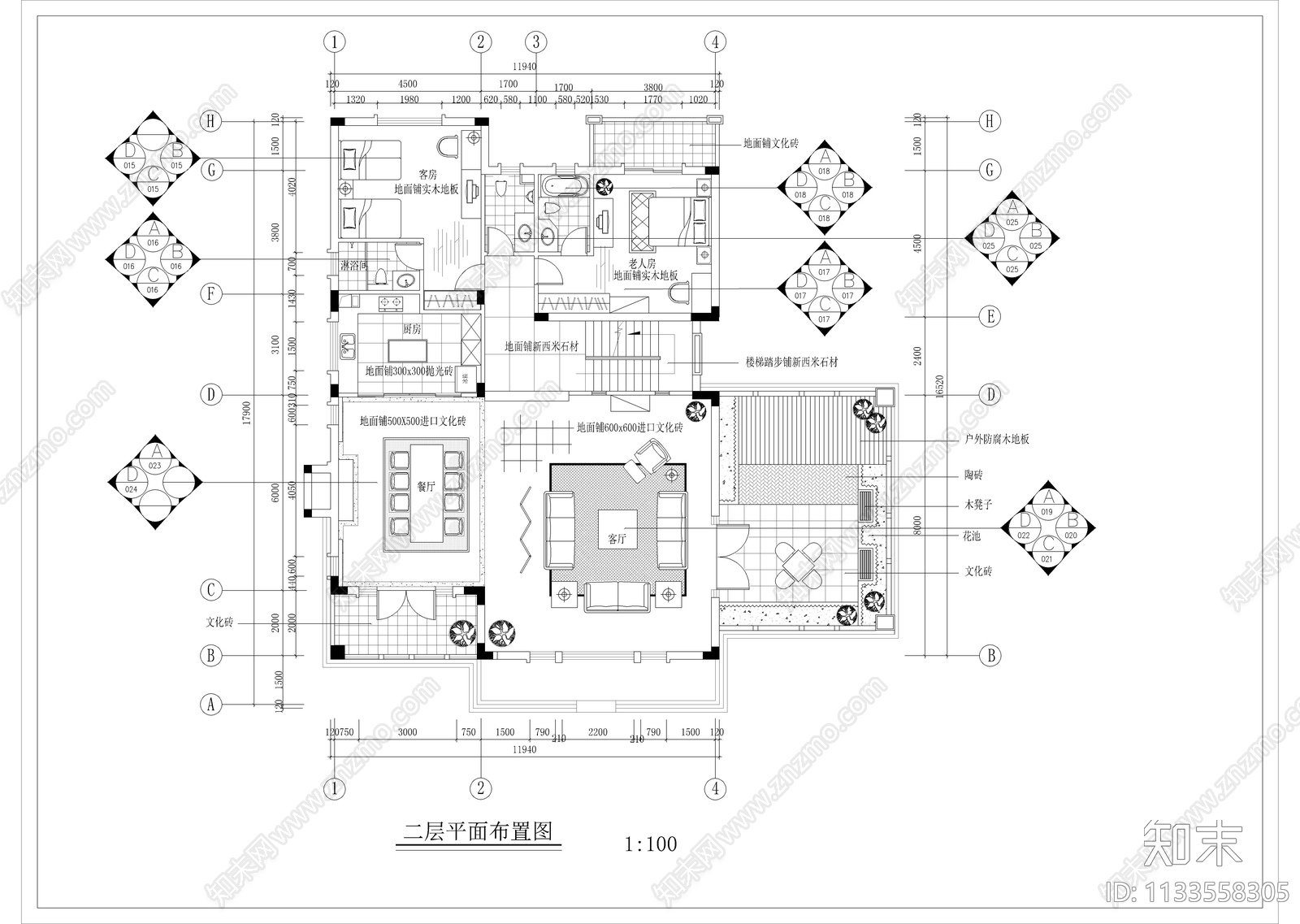 三层独栋别墅样板装修cad施工图下载【ID:1133558305】