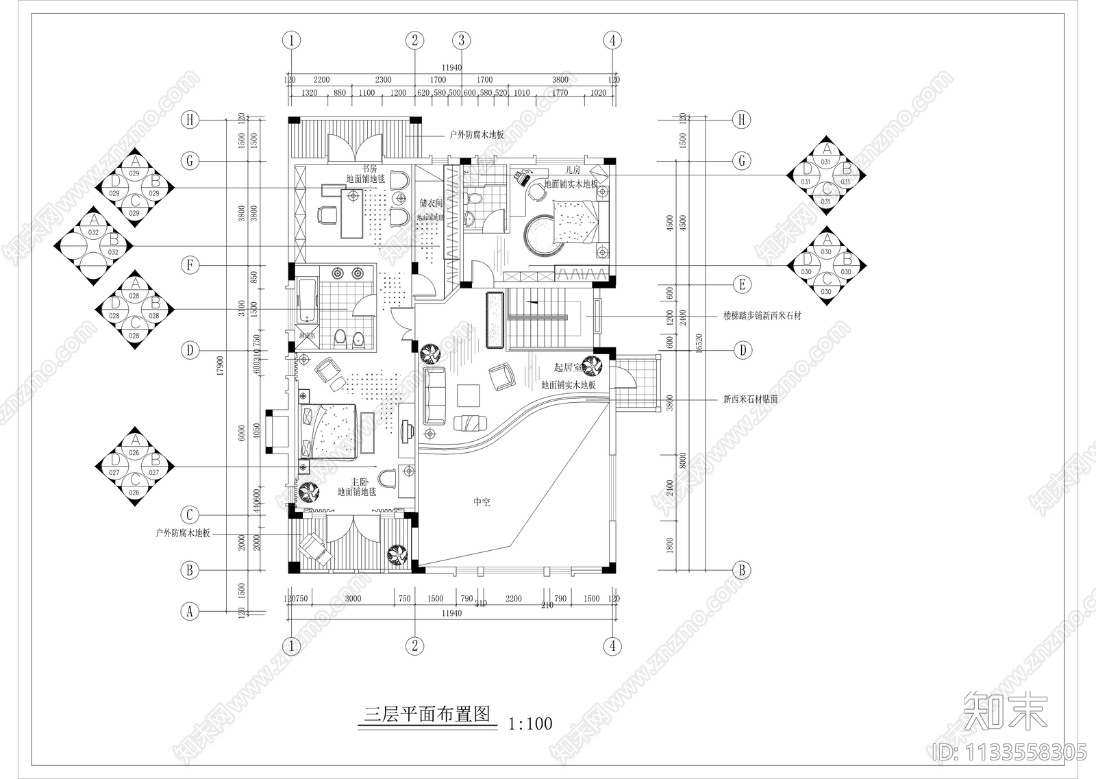 三层独栋别墅样板装修cad施工图下载【ID:1133558305】