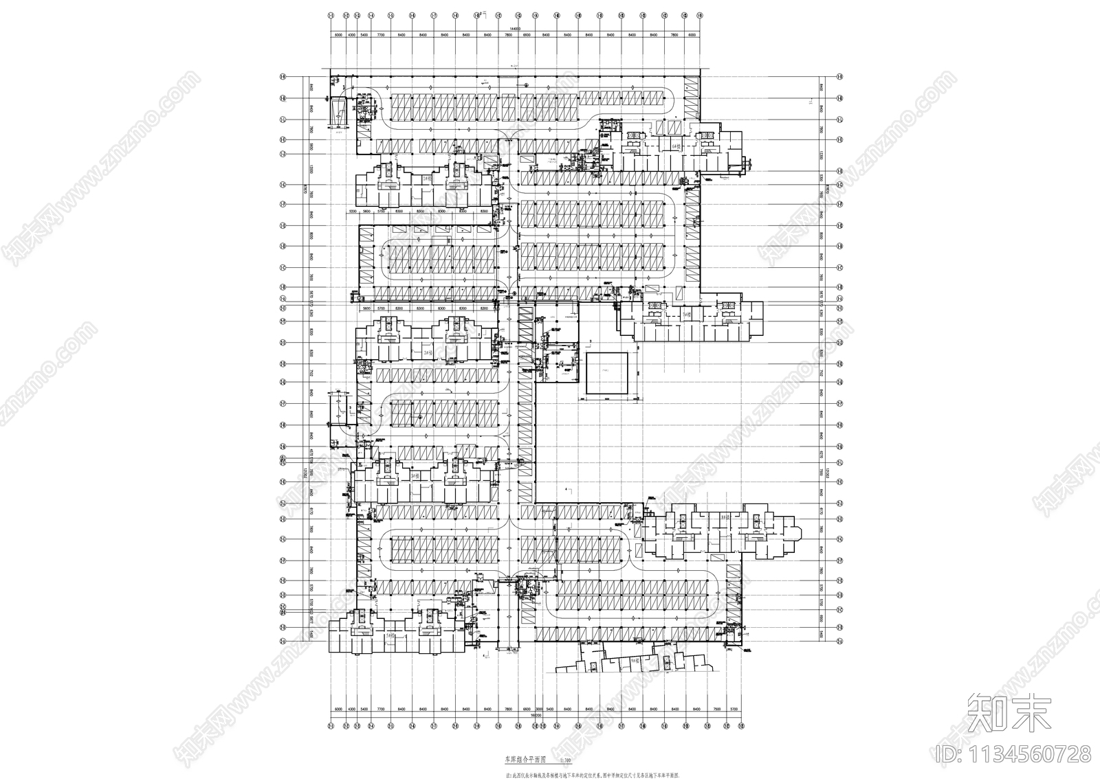 高级地下车库带人防组合平面图施工图下载【ID:1134560728】