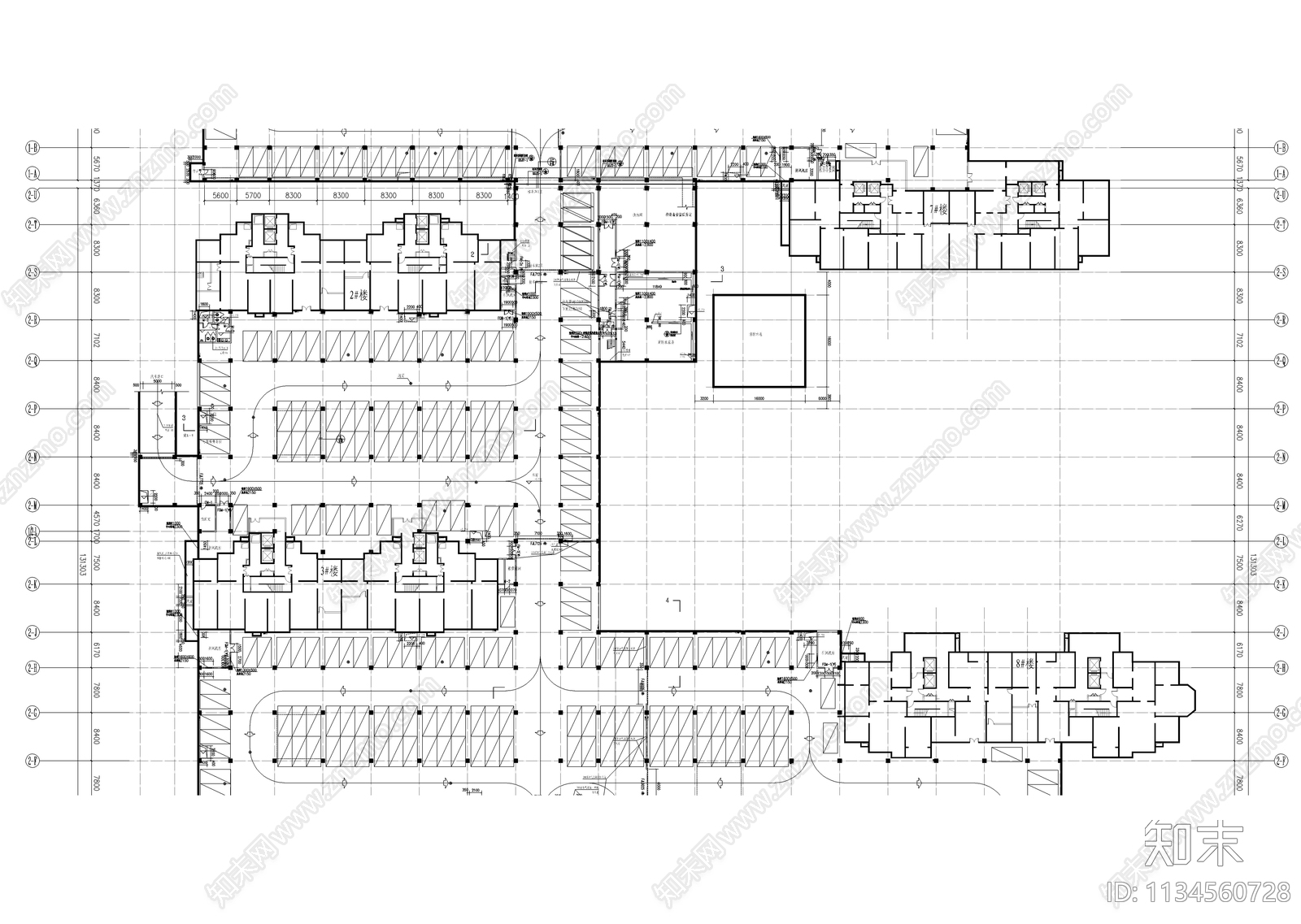 高级地下车库带人防组合平面图施工图下载【ID:1134560728】