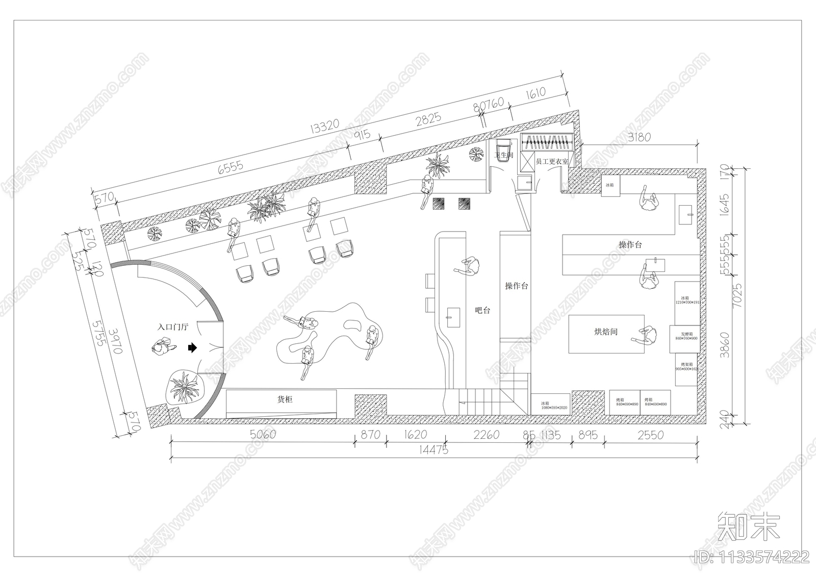 现代风格烘焙坊平面布置图施工图下载【ID:1133574222】