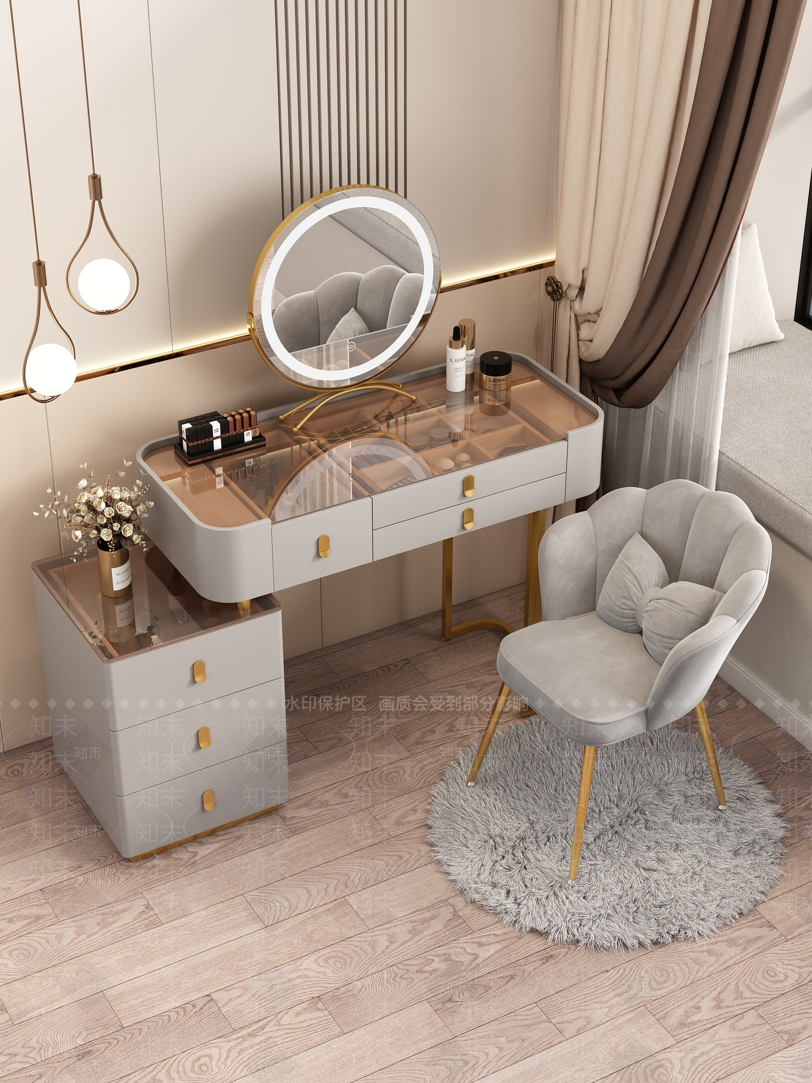现代妆台妆凳组合3D模型下载【ID:1133581655】