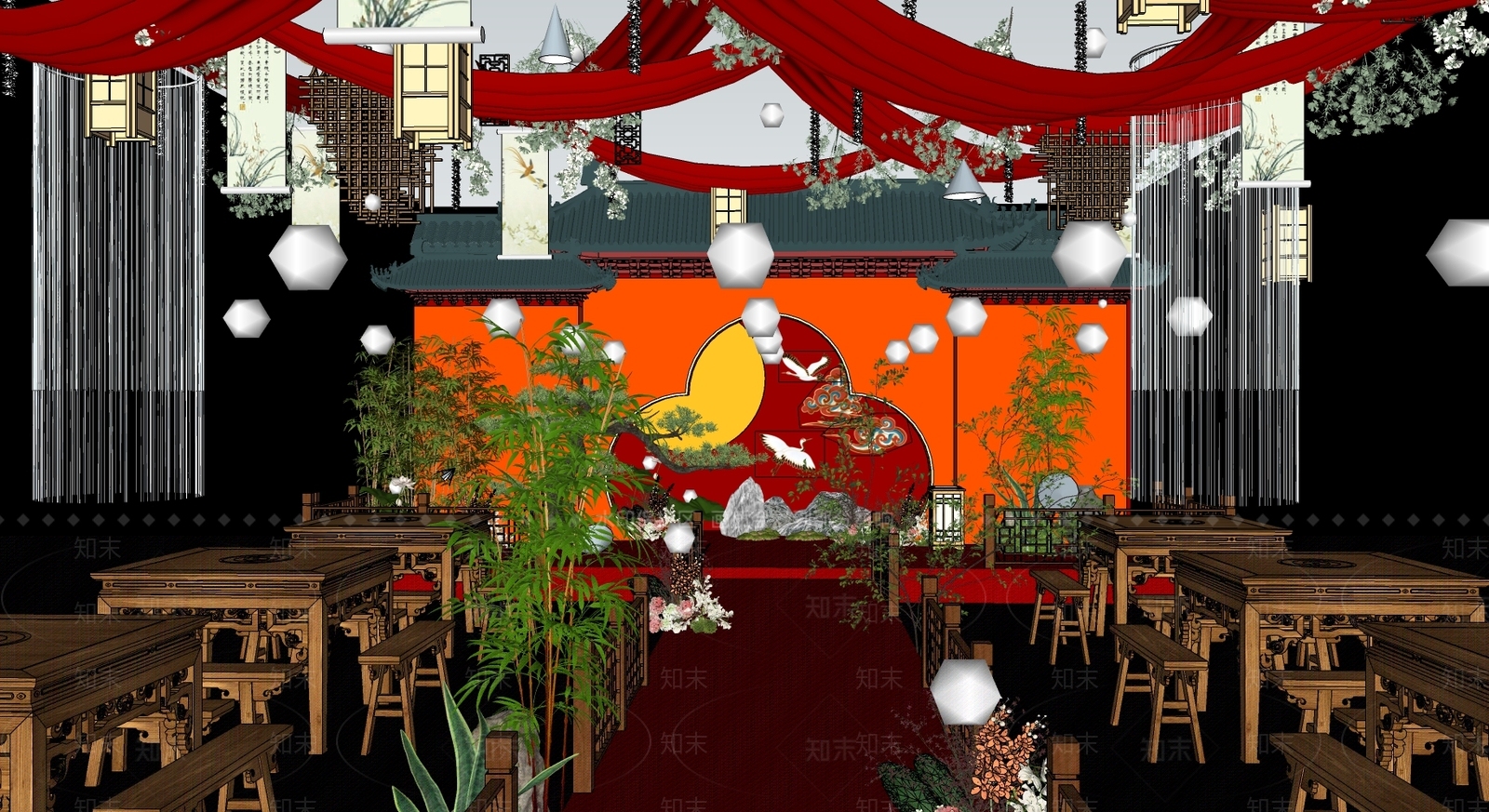 中式婚礼酒店宴会厅SU模型下载【ID:1133705270】