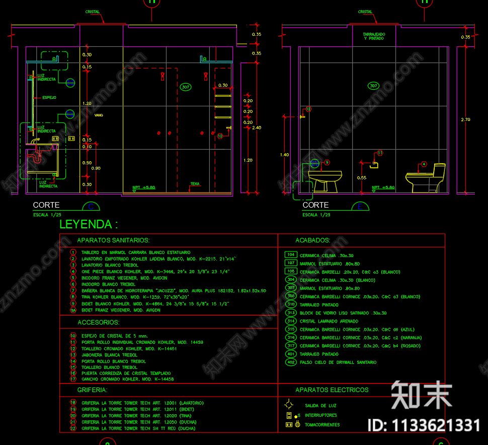 主卧室浴室细节cad施工图下载【ID:1133621331】