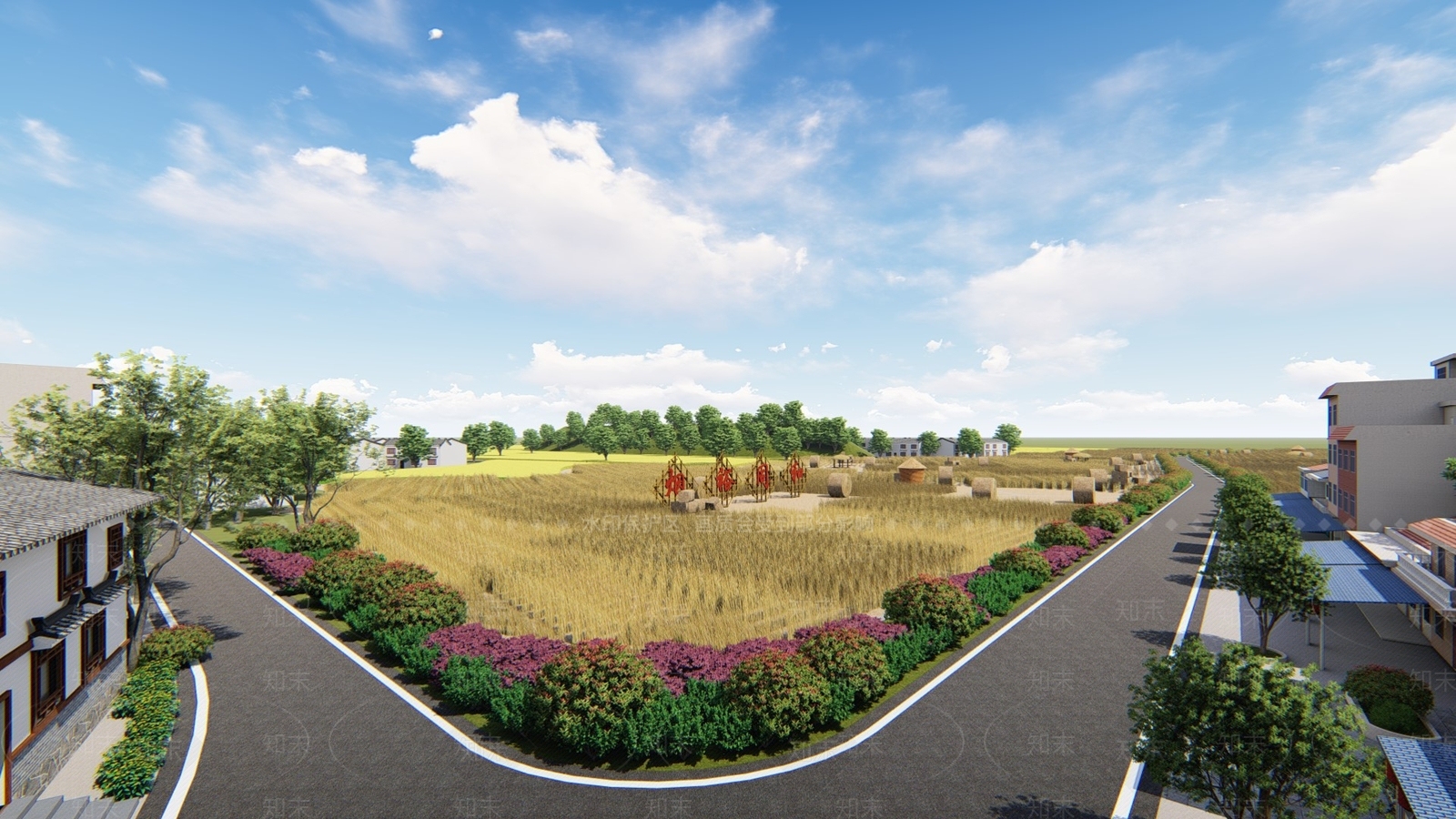 现代乡村稻田景观SU模型下载【ID:1133659414】