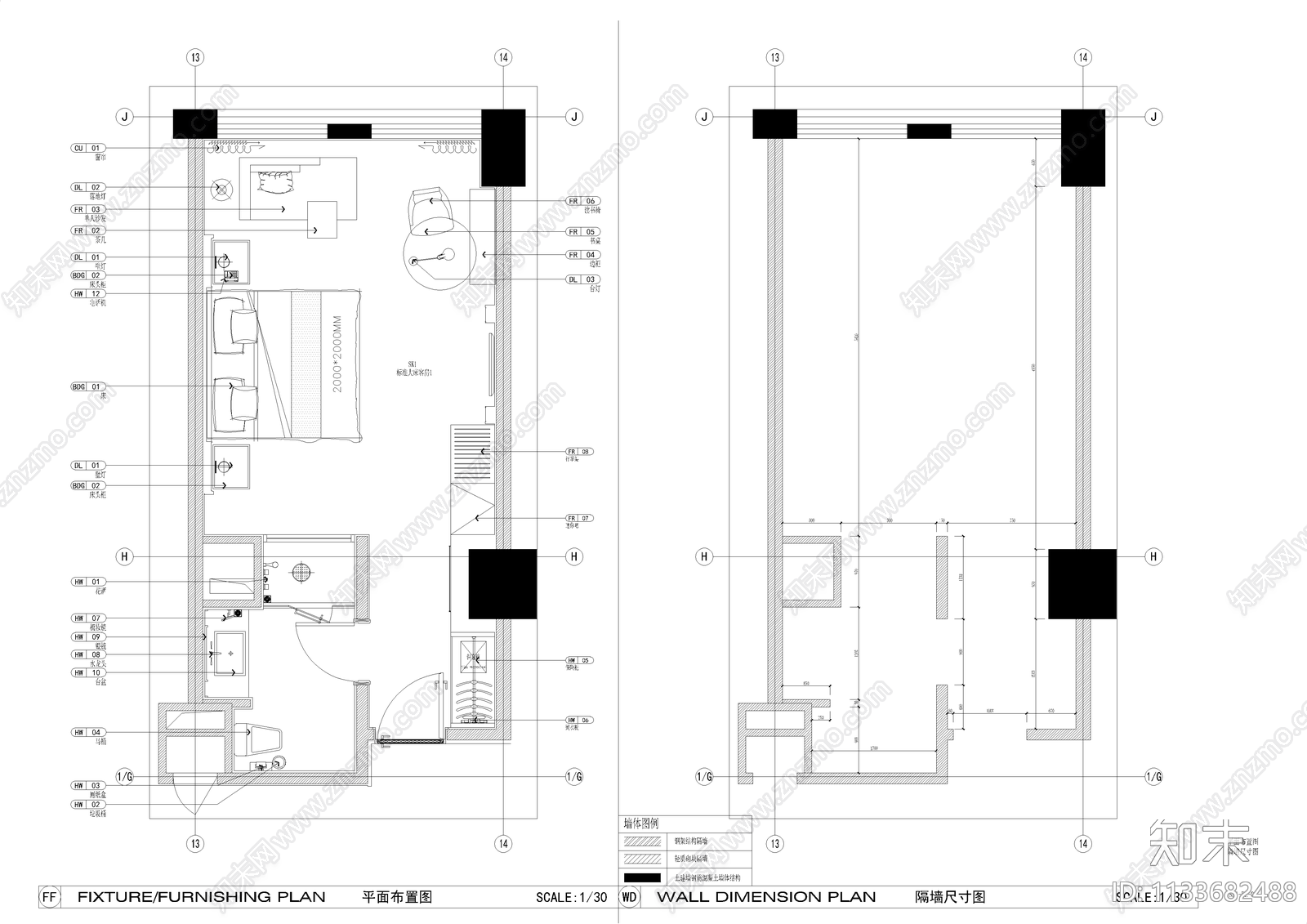 精选酒店客房平面方案cad施工图下载【ID:1133682488】