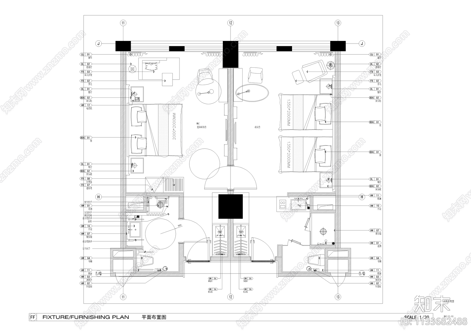 精选酒店客房平面方案cad施工图下载【ID:1133682488】
