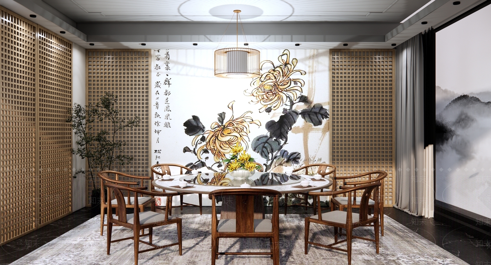 中式禅意菊花主题包厢SU模型下载【ID:1133710571】