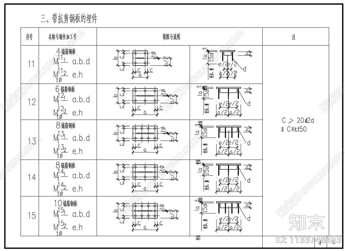 钢筋混凝土结构中的预埋件节点图cad施工图下载【ID:1133748453】