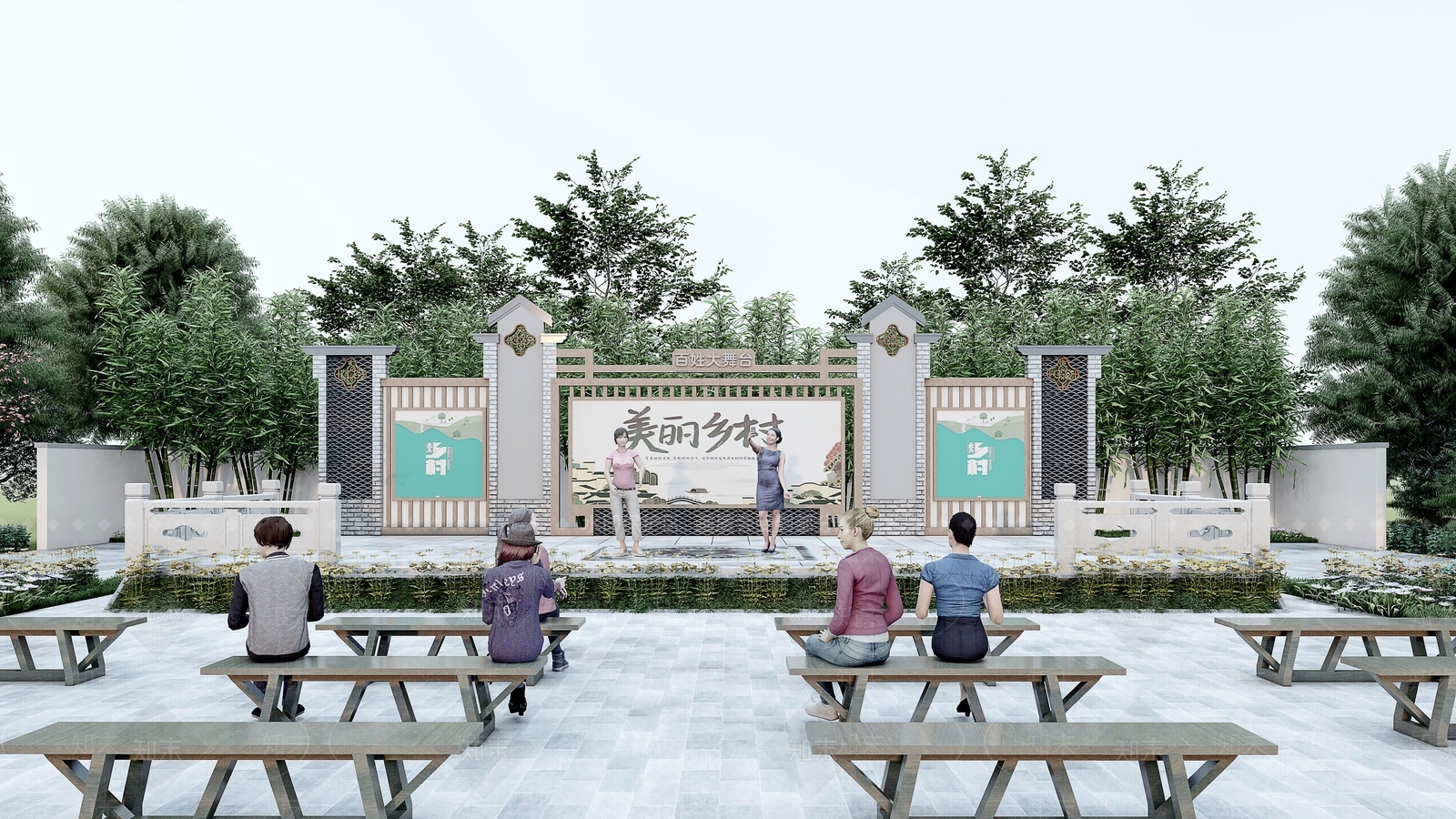 新中式乡村大舞台SU模型下载【ID:1133751619】