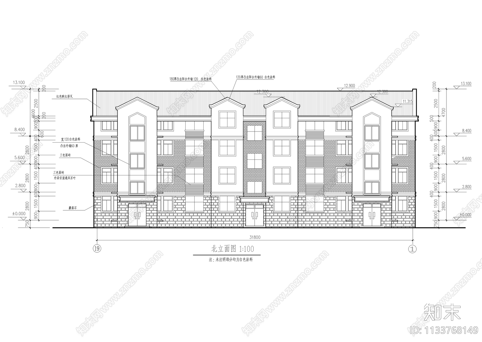 四层连排别墅建筑cad施工图下载【ID:1133768149】