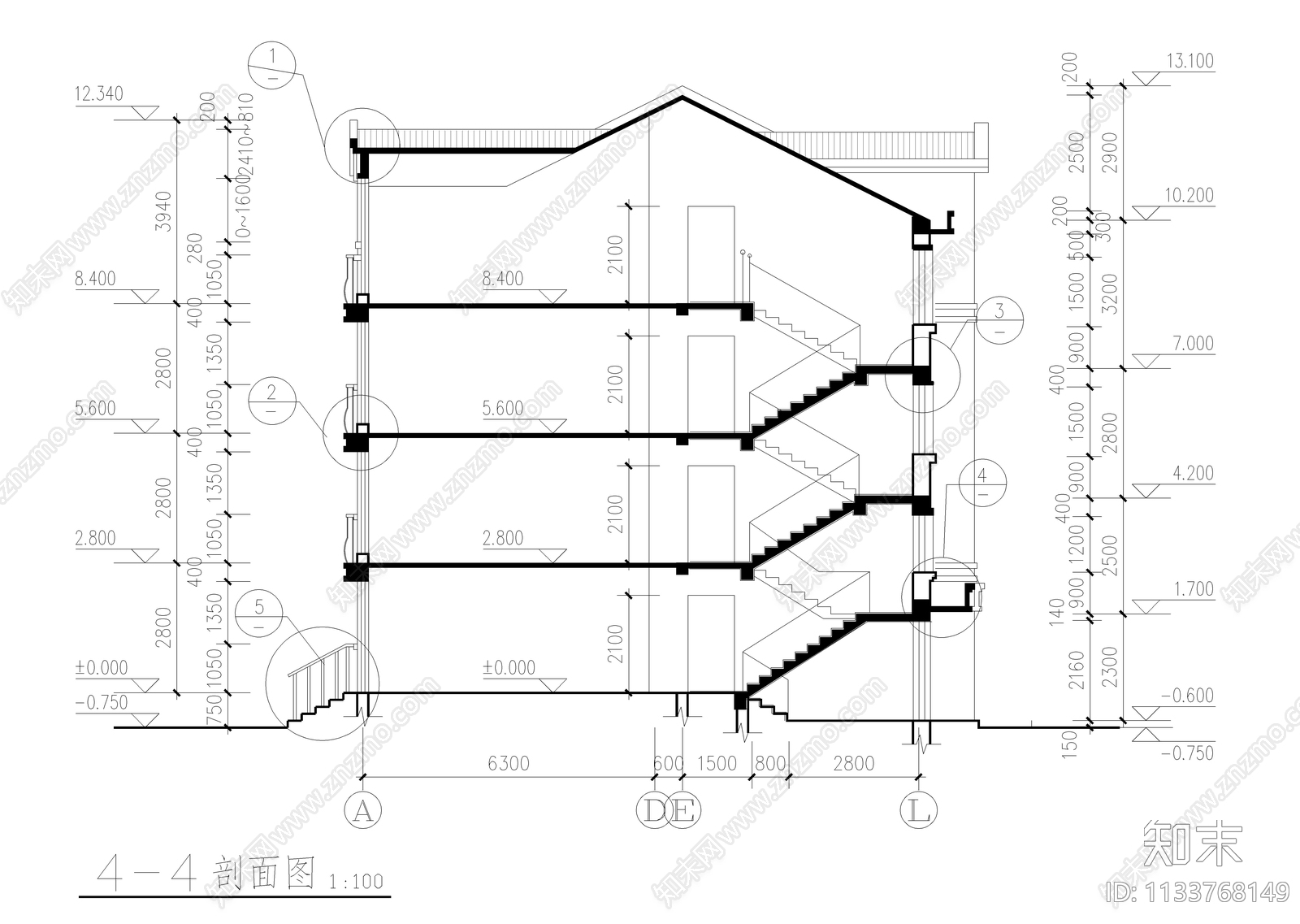 四层连排别墅建筑cad施工图下载【ID:1133768149】