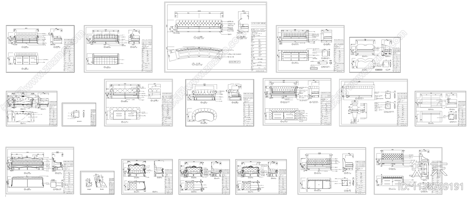 欧式沙发三视图施工图下载【ID:1133769191】