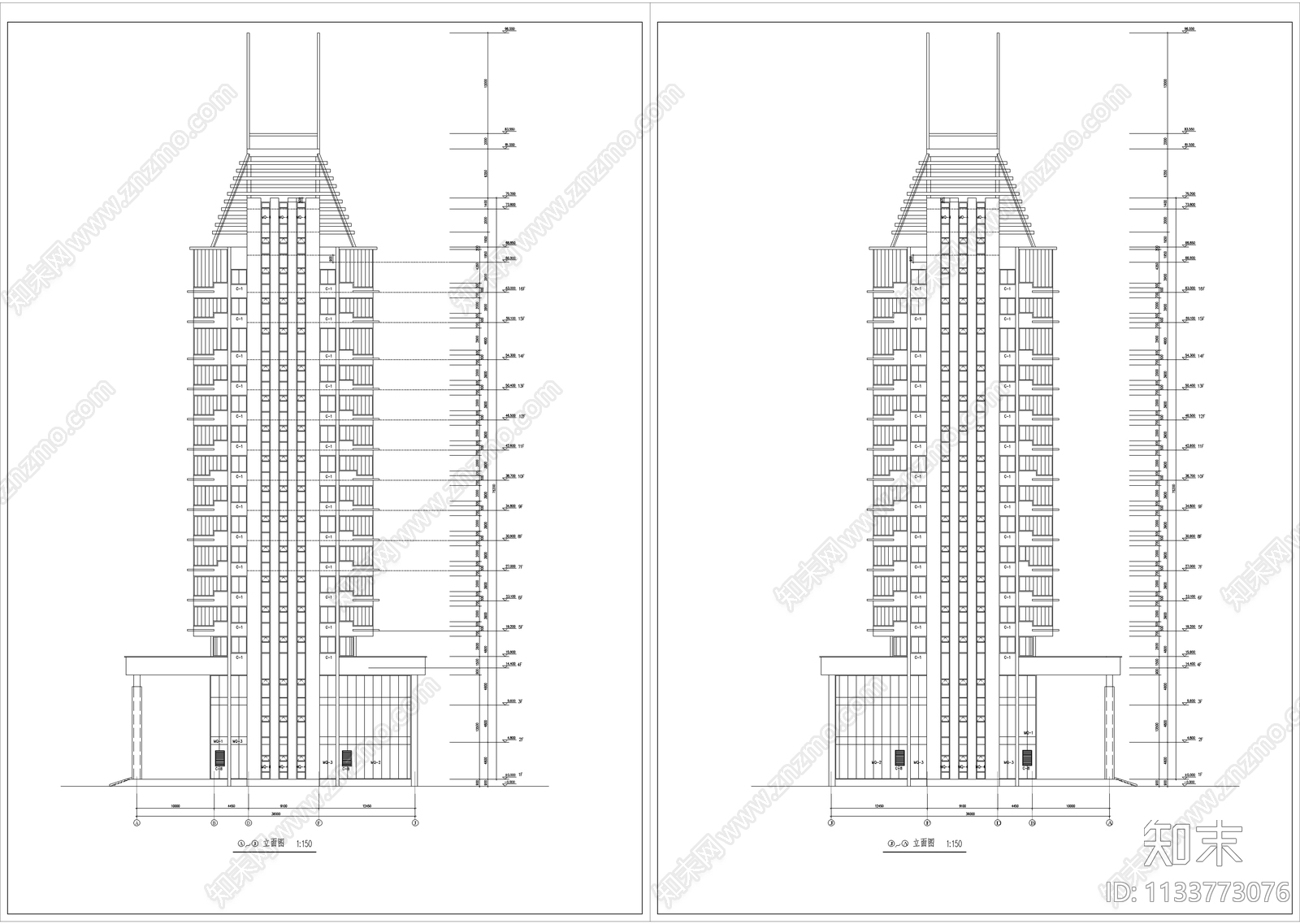 高层办公建筑cad施工图下载【ID:1133773076】
