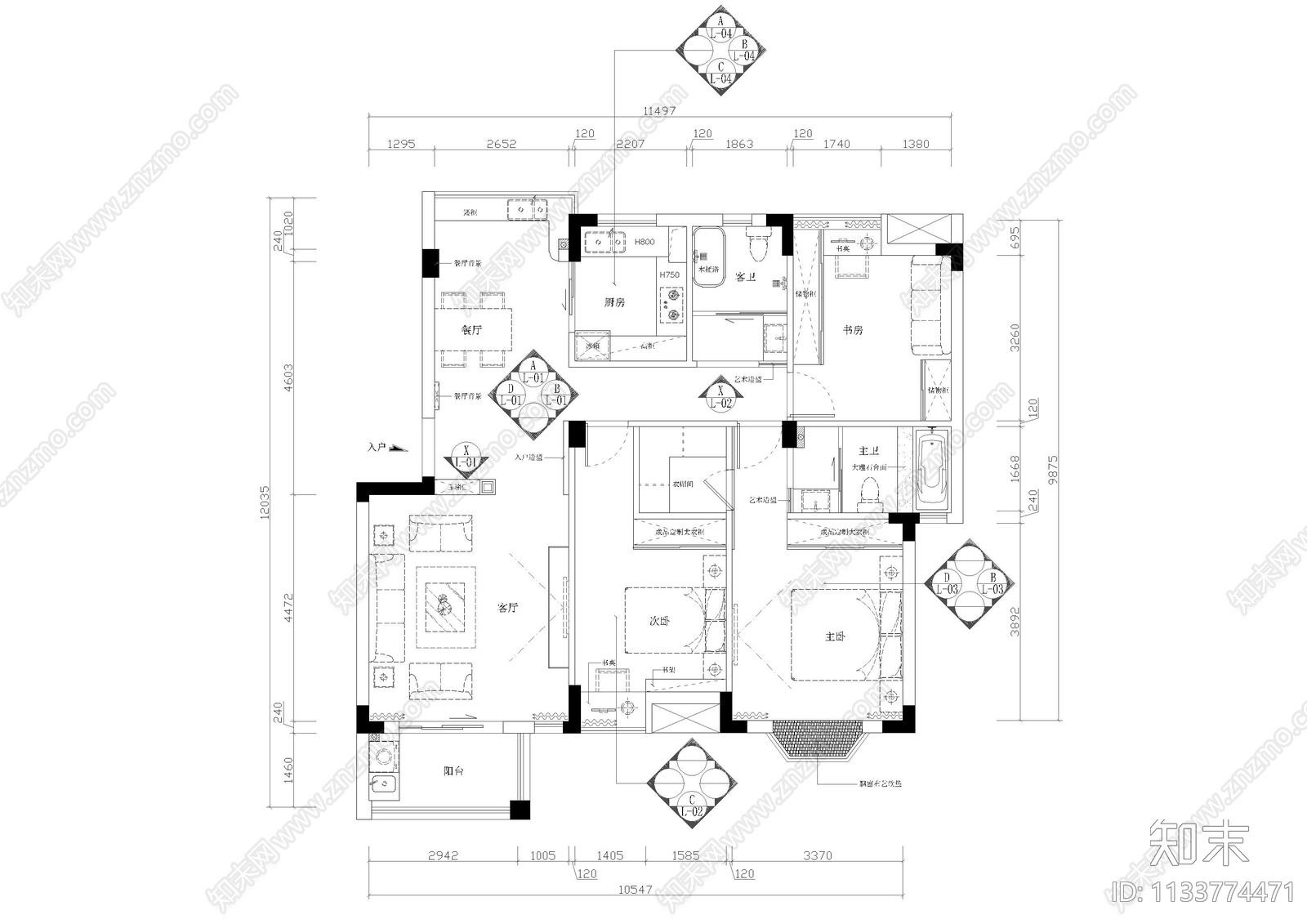 家装平层室内cad施工图下载【ID:1133774471】