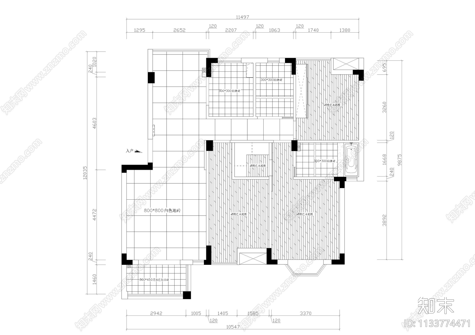 家装平层室内cad施工图下载【ID:1133774471】