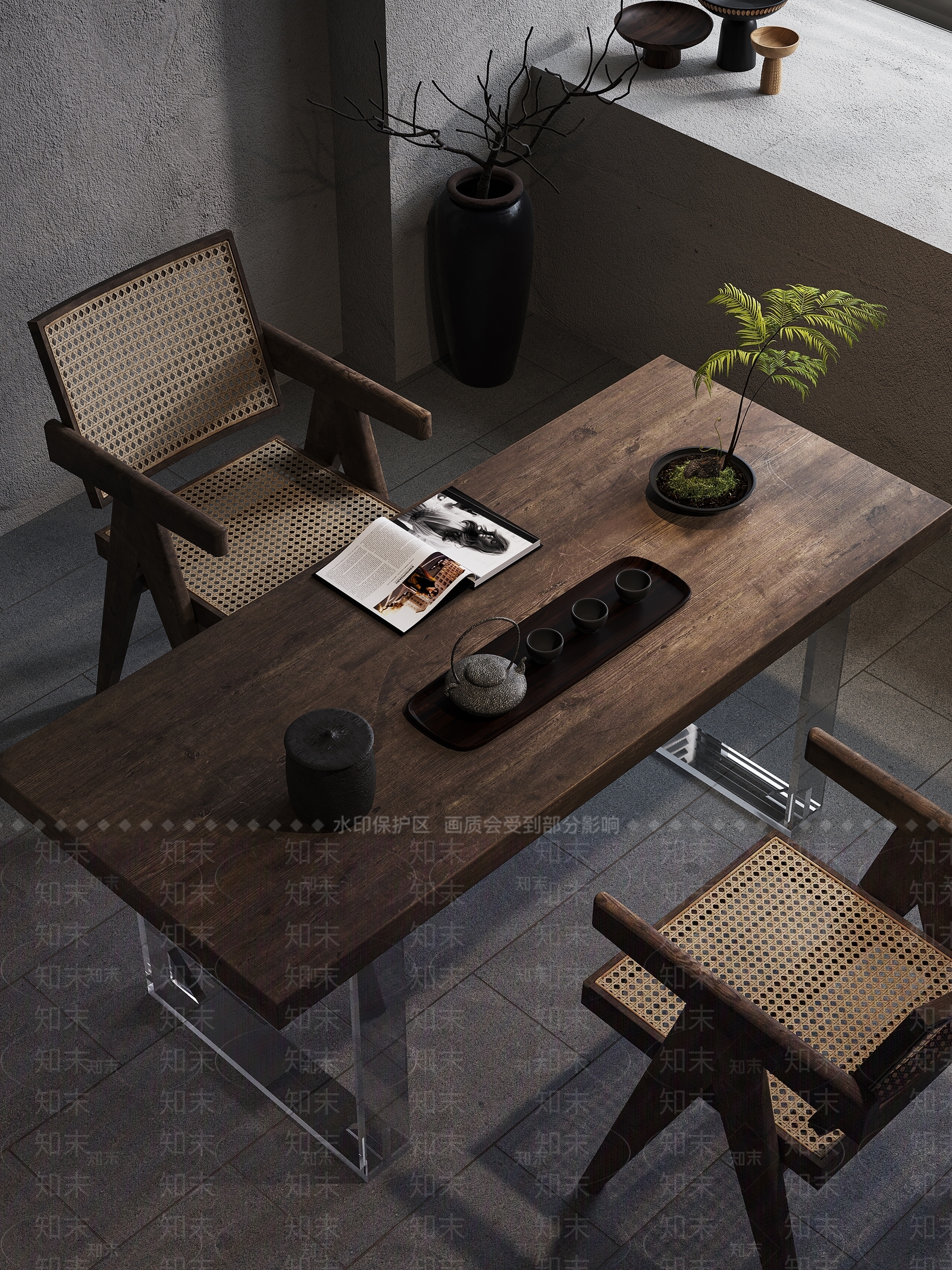 侘寂茶桌椅组合3D模型下载【ID:1133806375】