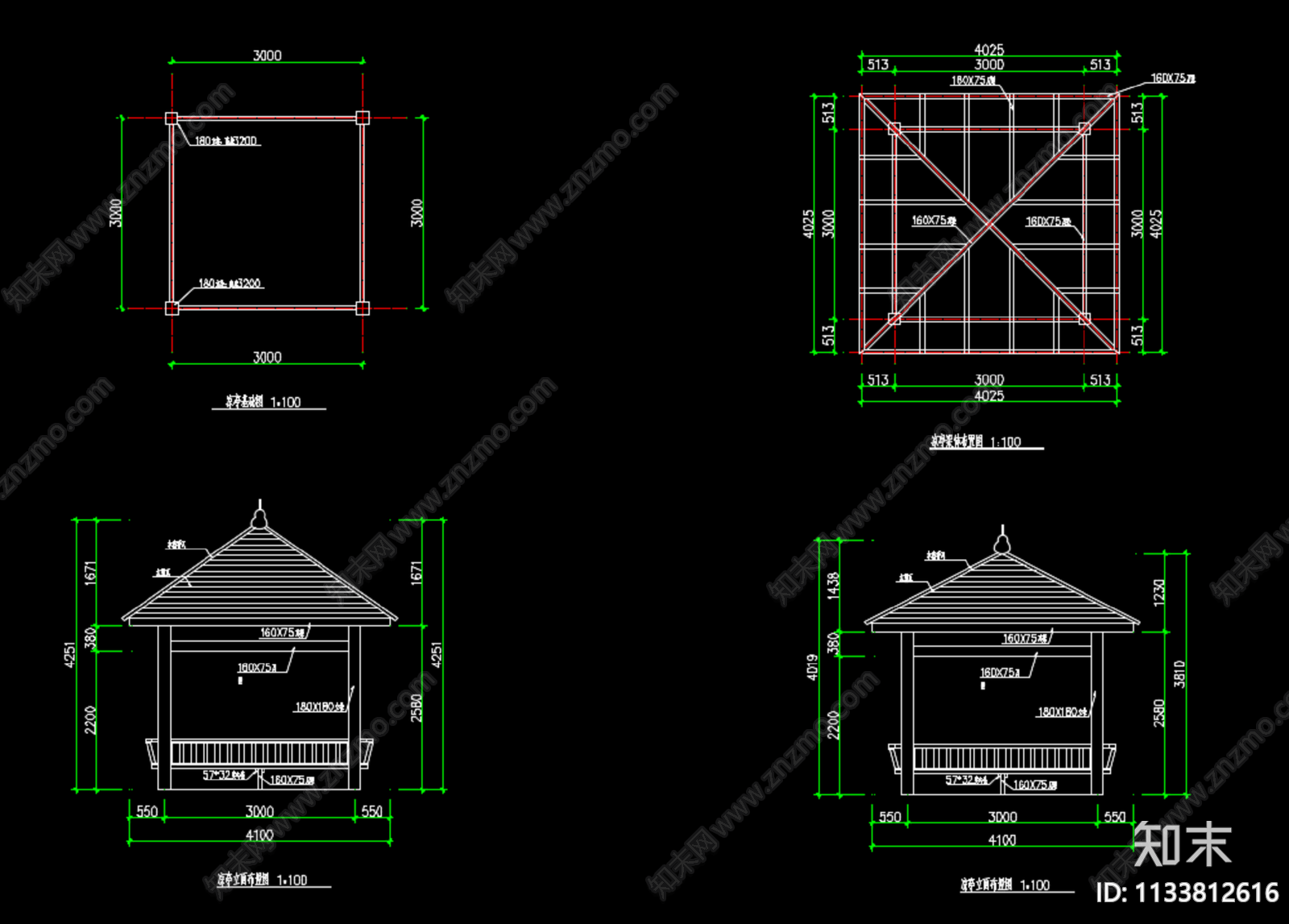 四角亭cad施工图下载【ID:1133812616】