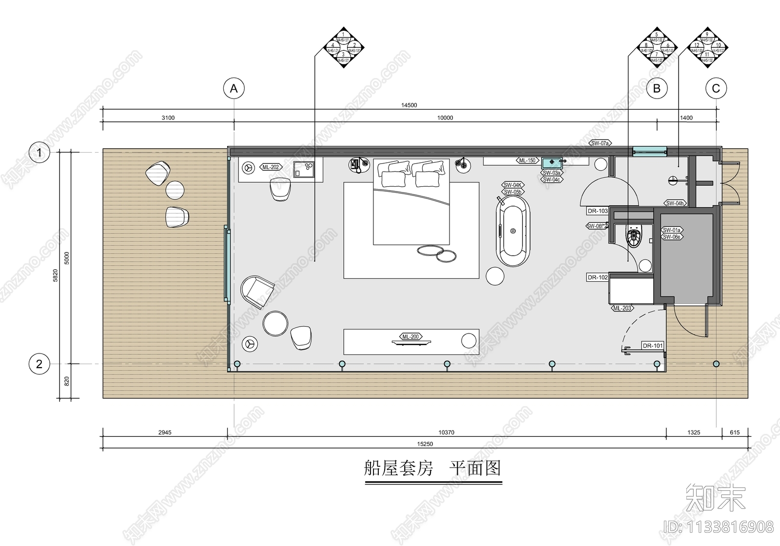 度假酒店船屋主题客房施工图下载【ID:1133816908】
