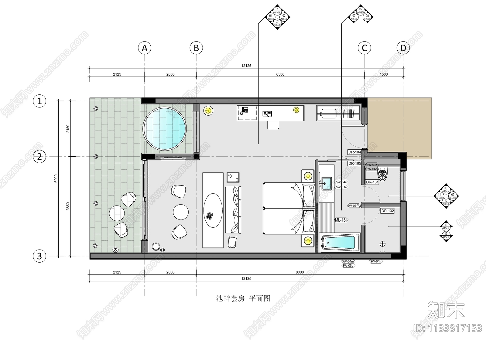 度假酒店池畔客房施工图下载【ID:1133817153】
