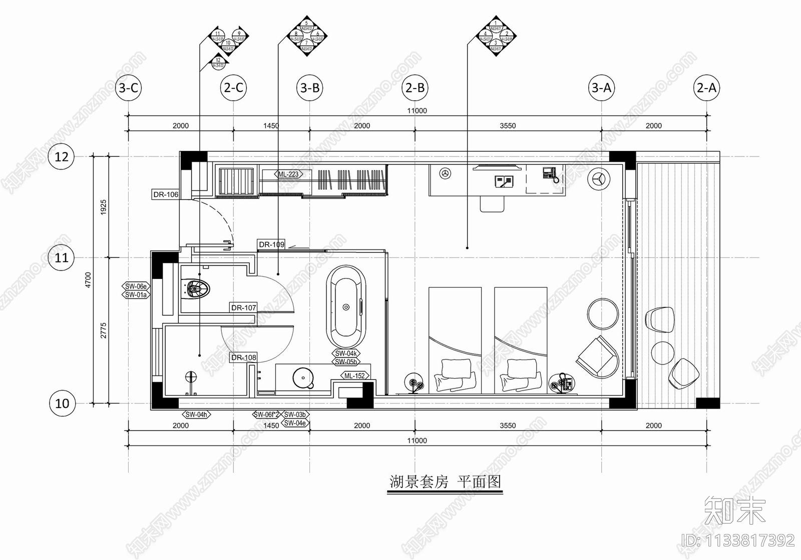 度假酒店湖景套房cad施工图下载【ID:1133817392】