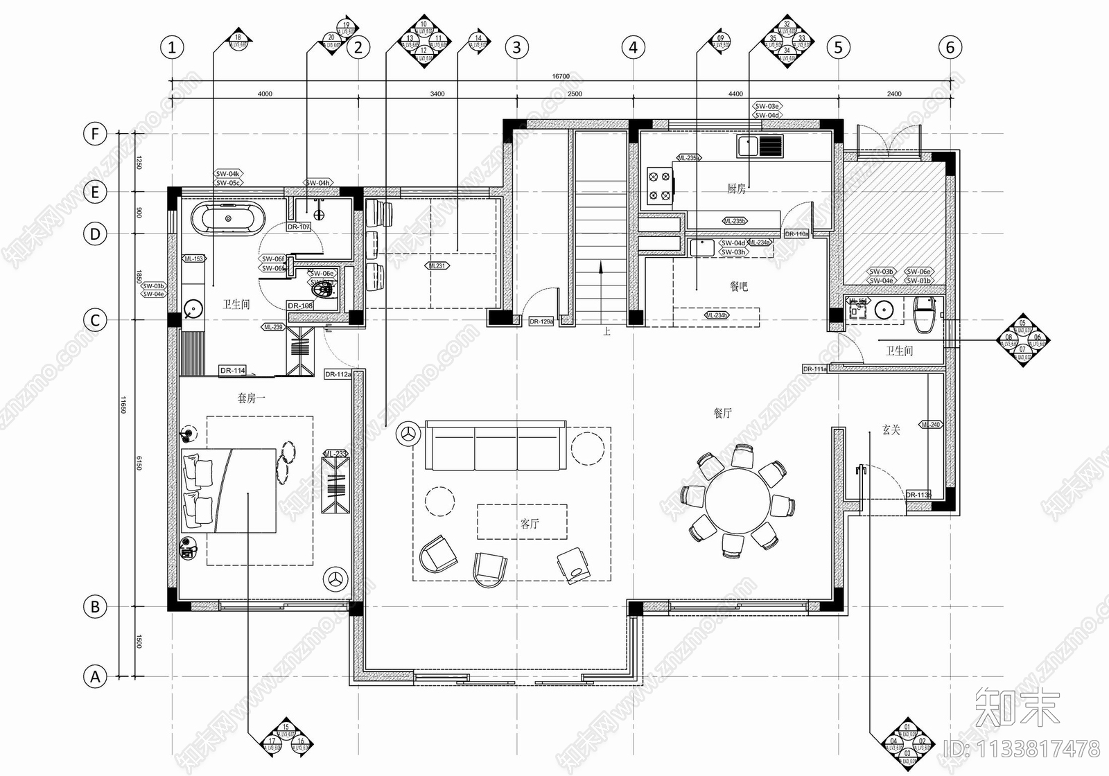 度假酒店两层别墅套房施工图下载【ID:1133817478】