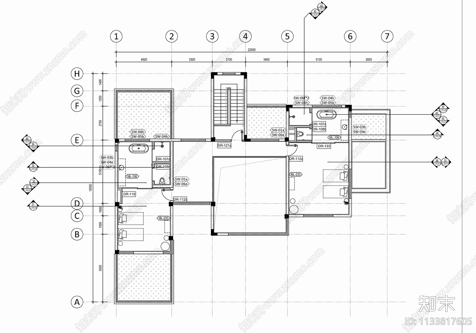 500㎡度假别墅套房施工图下载【ID:1133817605】