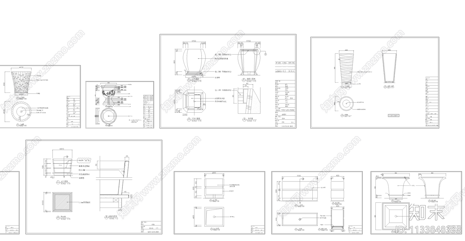 各式花盆三视图cad施工图下载【ID:1133848393】
