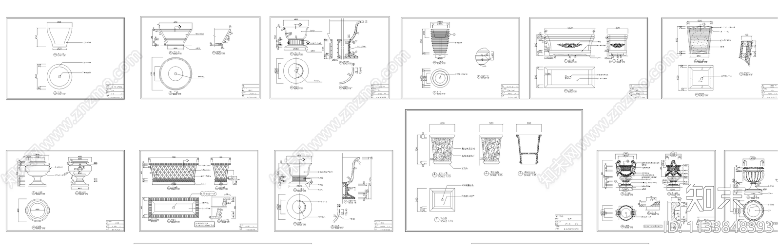 各式花盆三视图cad施工图下载【ID:1133848393】