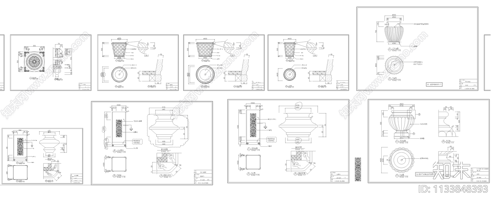 各式花盆三视图cad施工图下载【ID:1133848393】