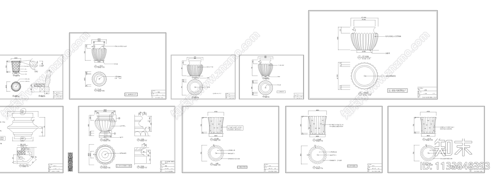 各式花盆三视图cad施工图下载【ID:1133848393】