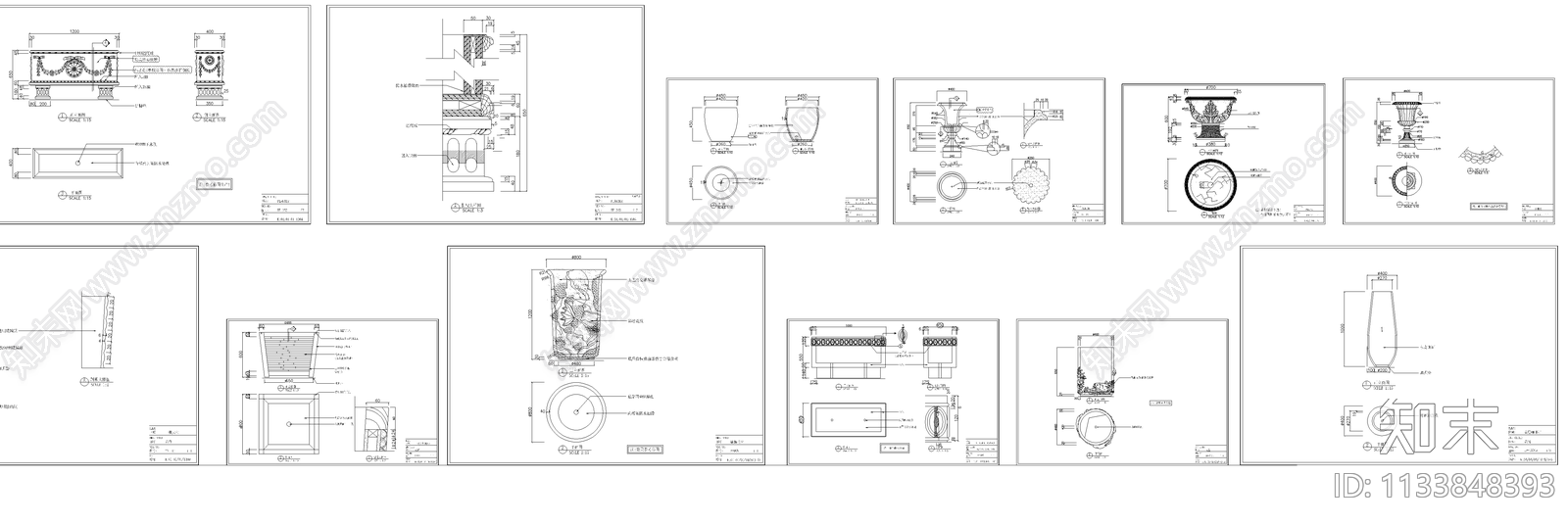 各式花盆三视图cad施工图下载【ID:1133848393】