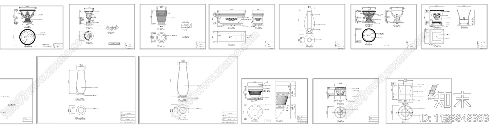 各式花盆三视图cad施工图下载【ID:1133848393】