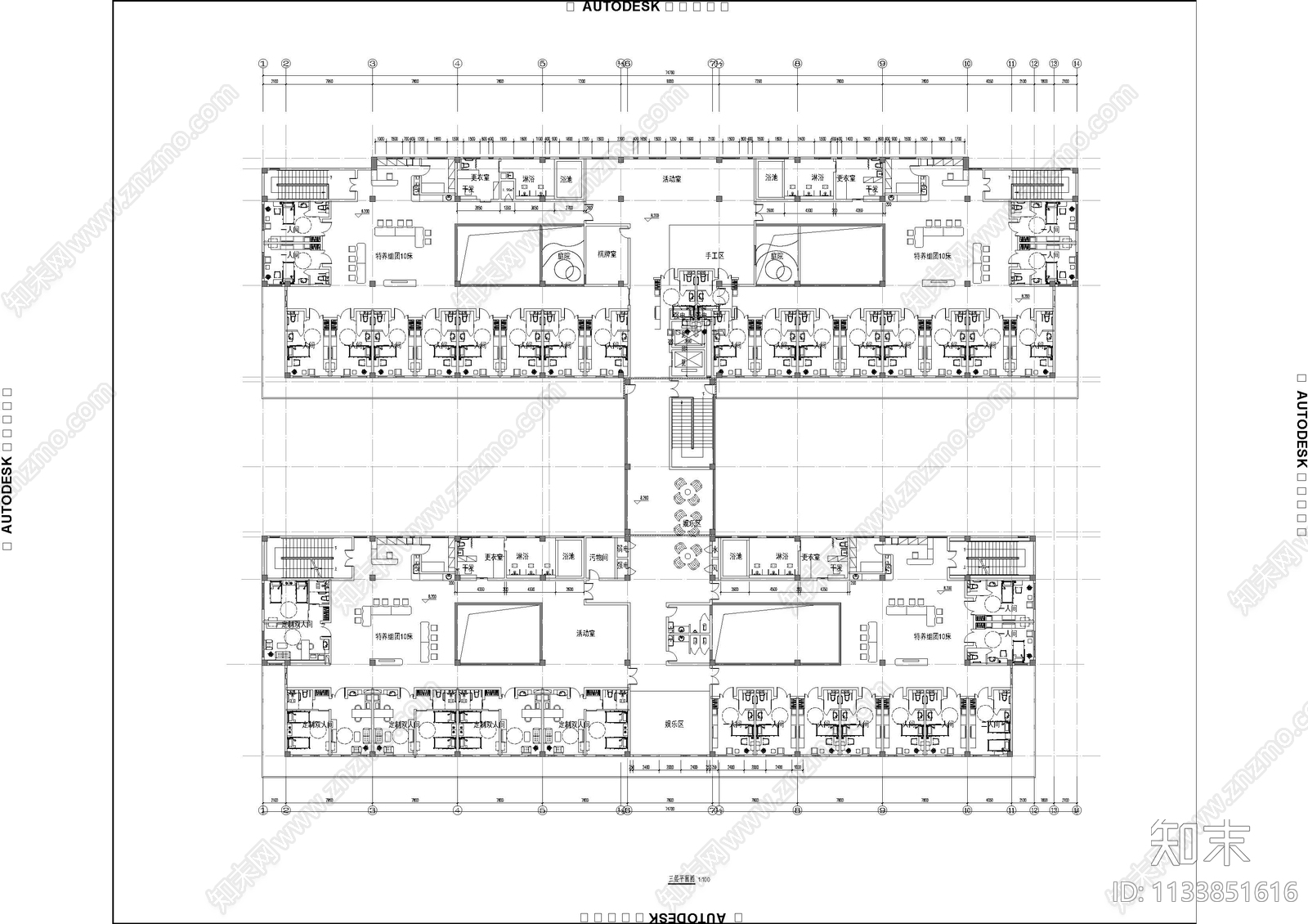 三层养老院建筑cad施工图下载【ID:1133851616】