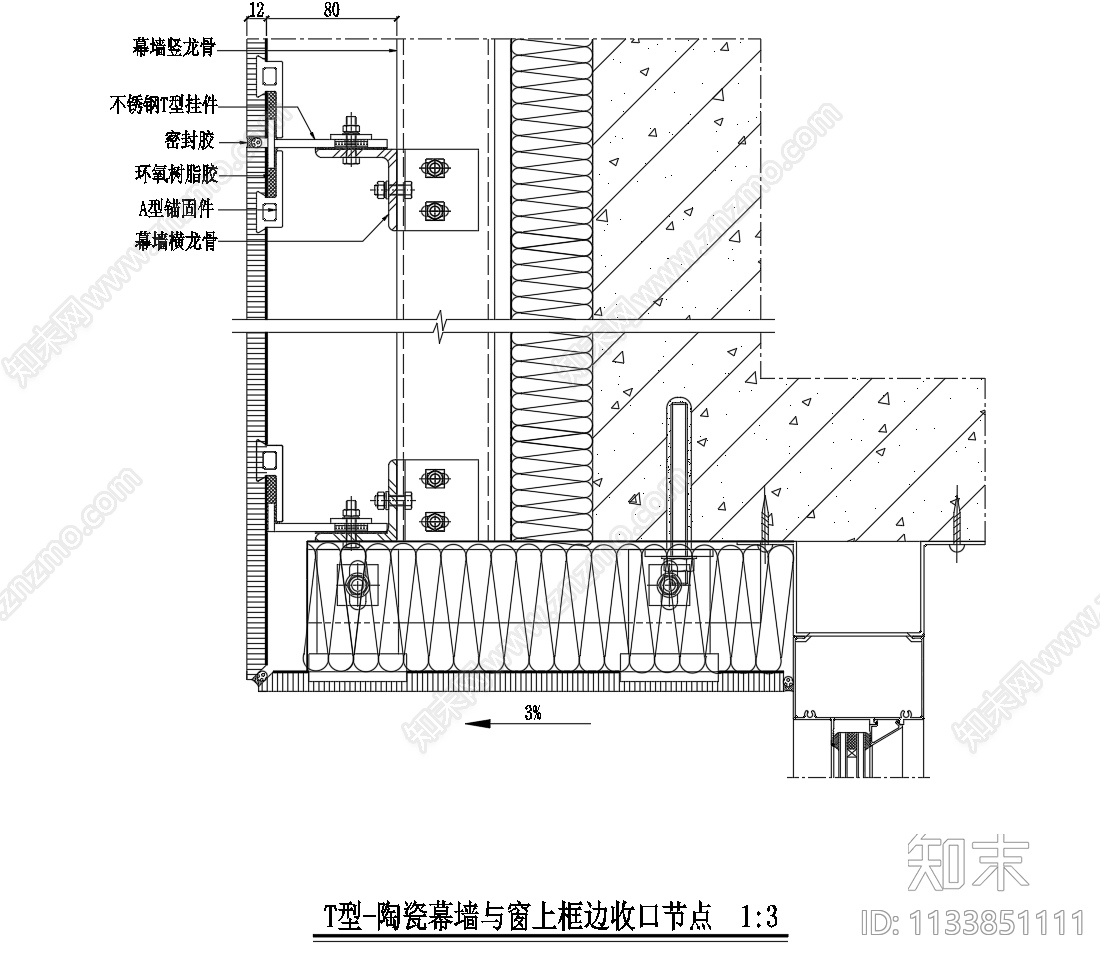 陶瓷板干挂幕墙节点cad施工图下载【ID:1133851111】
