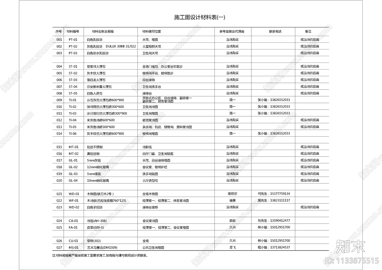 办公封面及目录设计说明及材料表cad施工图下载【ID:1133875515】