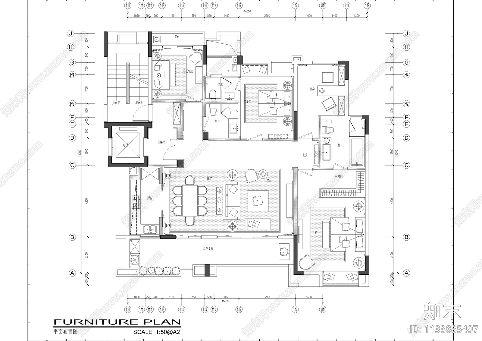 中式200㎡万悦湾大平层cad施工图下载【ID:1133885497】