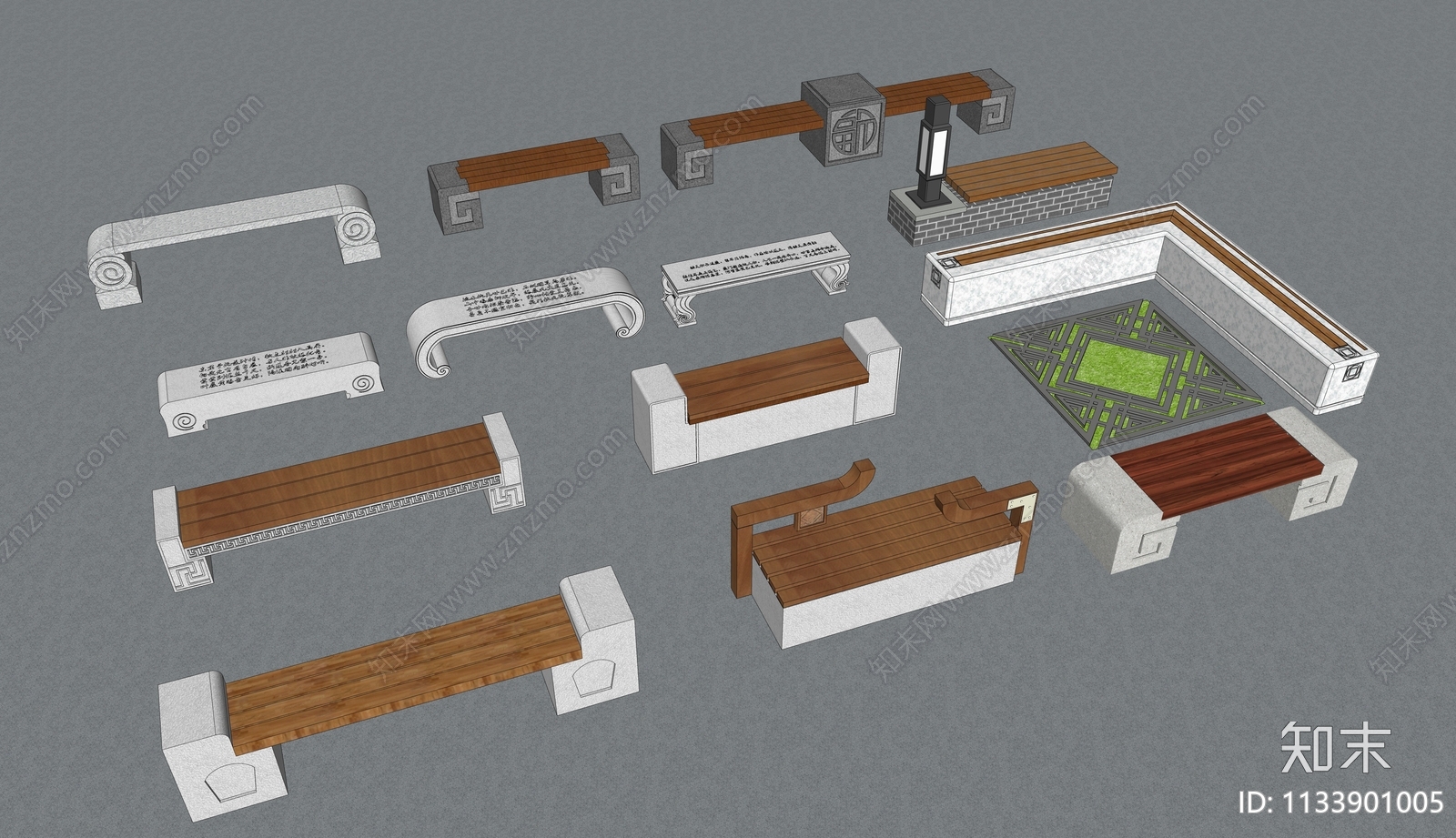 中式户外景观坐凳SU模型下载【ID:1133901005】