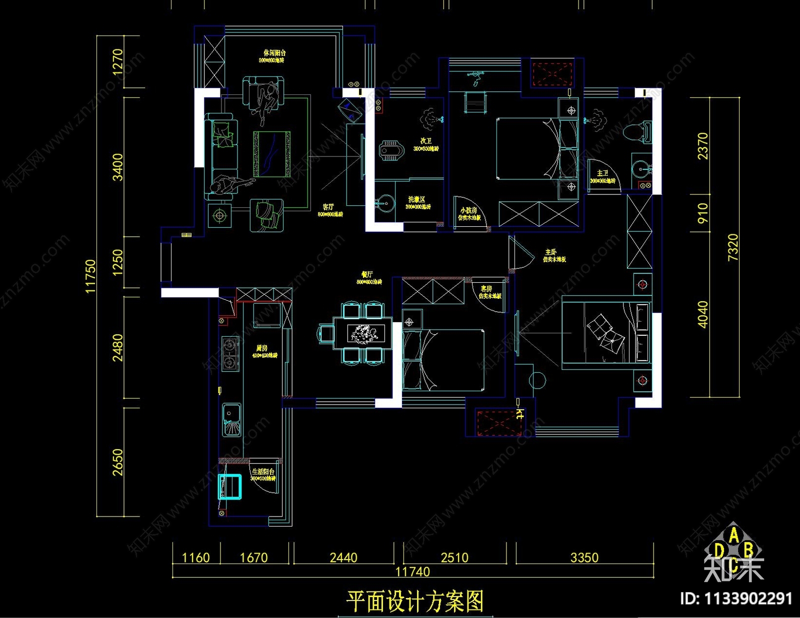 中式风格三室两厅室内cad施工图下载【ID:1133902291】