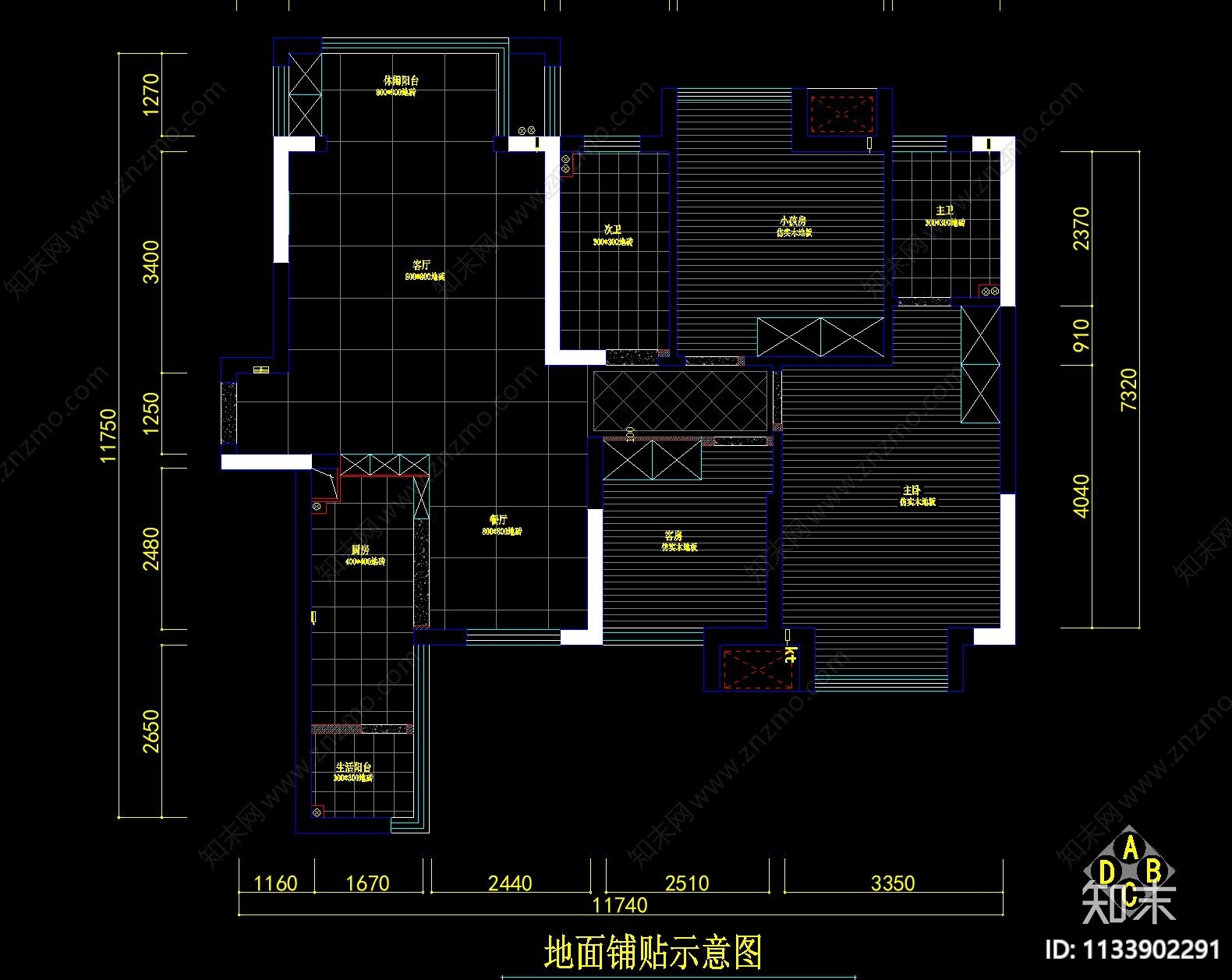 中式风格三室两厅室内cad施工图下载【ID:1133902291】