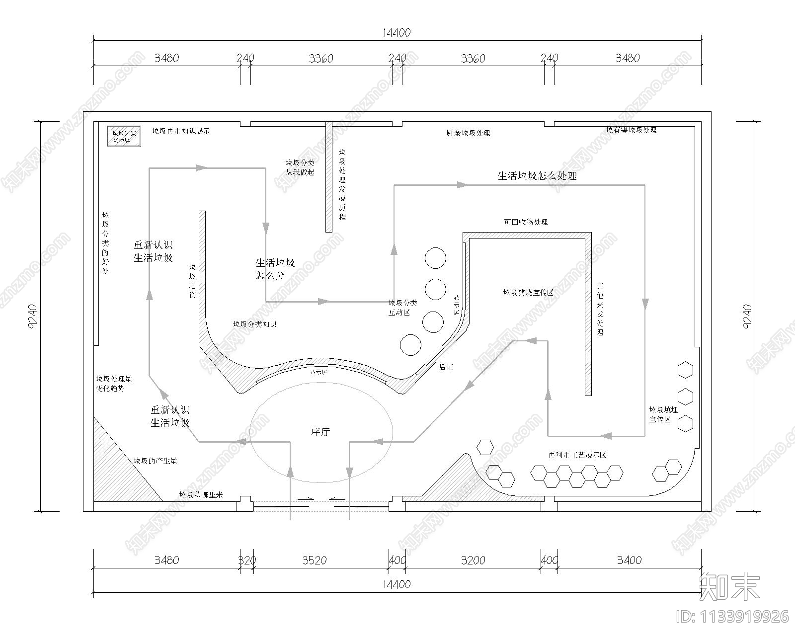 垃圾分类展厅平面布置图cad施工图下载【ID:1133919926】