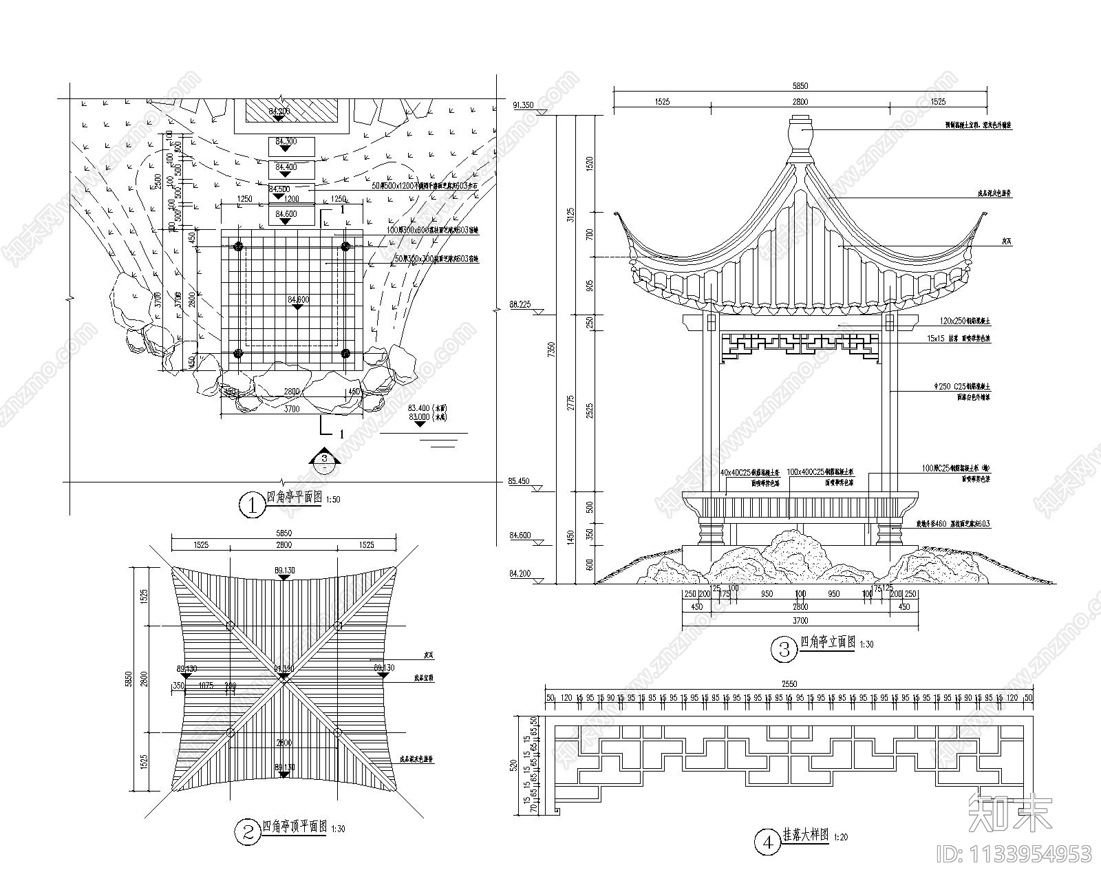 四角亭cad施工图下载【ID:1133954953】