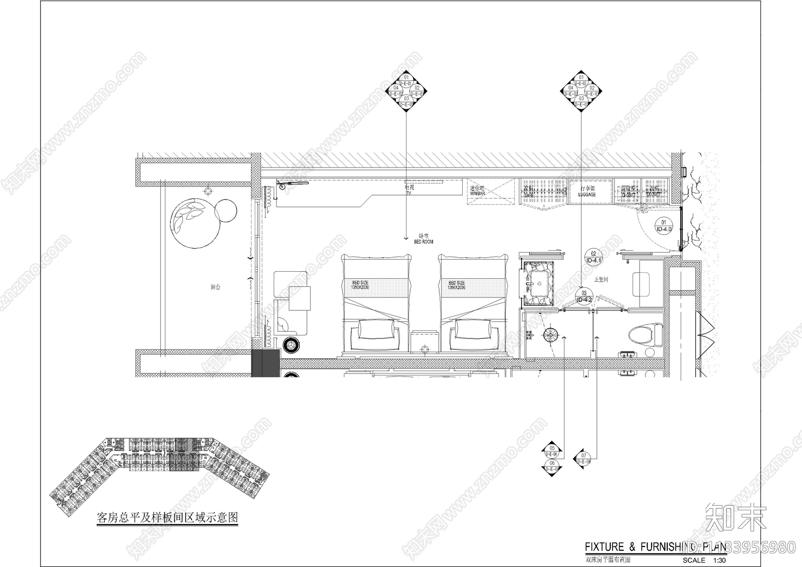 万达酒店客房cad施工图下载【ID:1133956980】