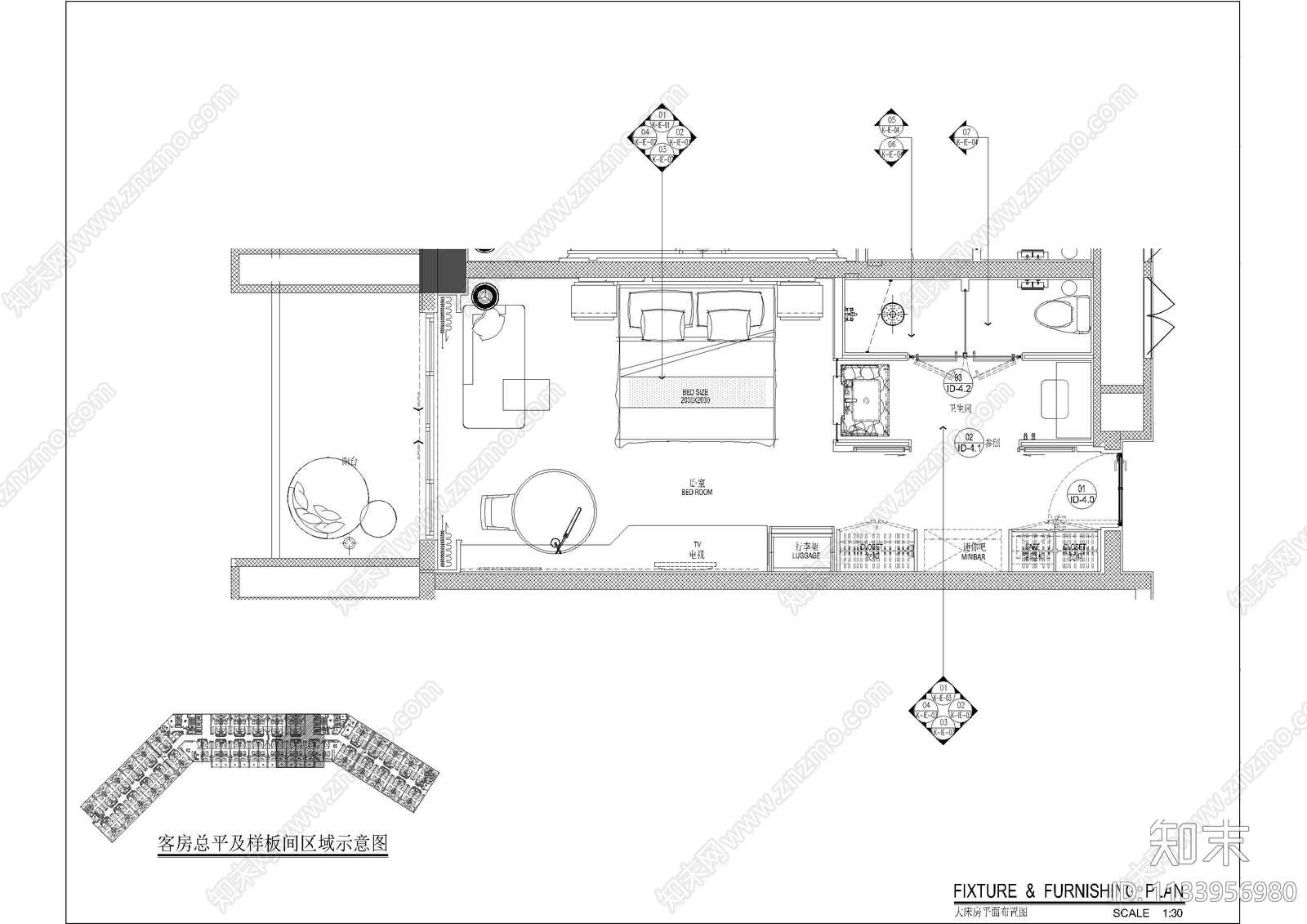 万达酒店客房施工图下载【ID:1133956980】