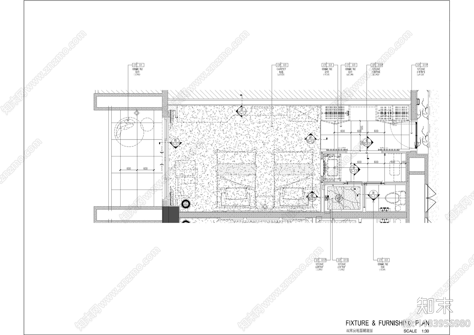 万达酒店客房cad施工图下载【ID:1133956980】
