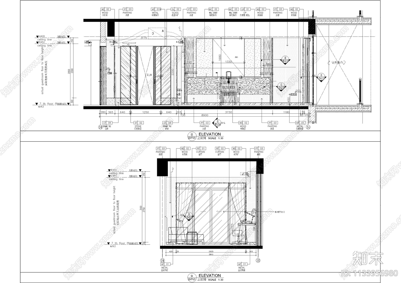 万达酒店客房cad施工图下载【ID:1133956980】
