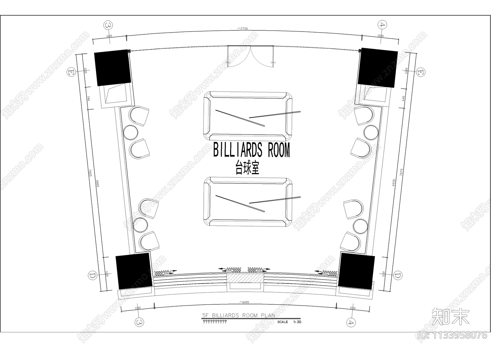 健身房台球室cad施工图下载【ID:1133958076】