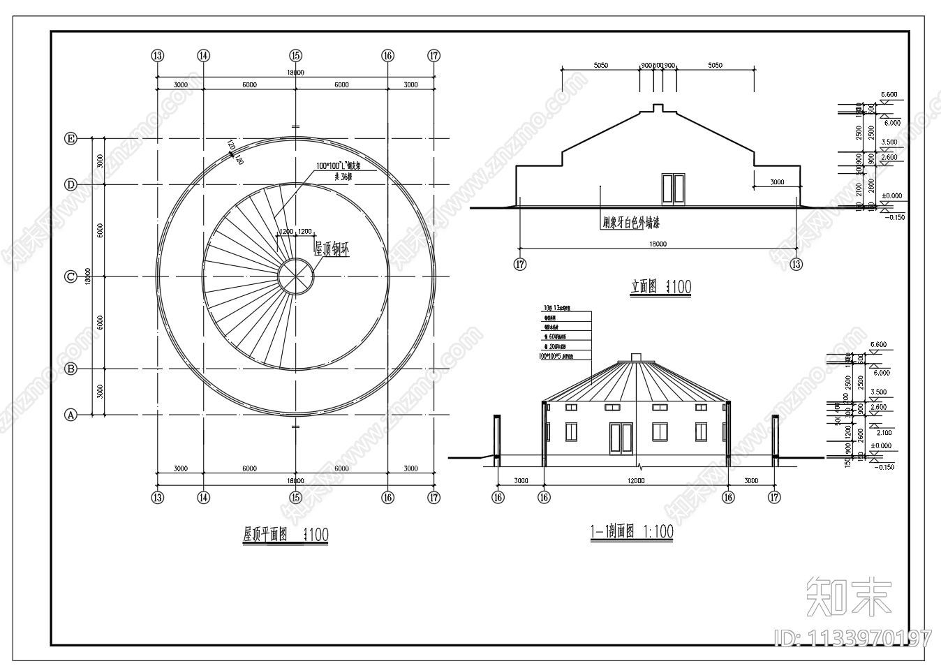 轻钢架结构蒙古包建筑图cad施工图下载【ID:1133970197】