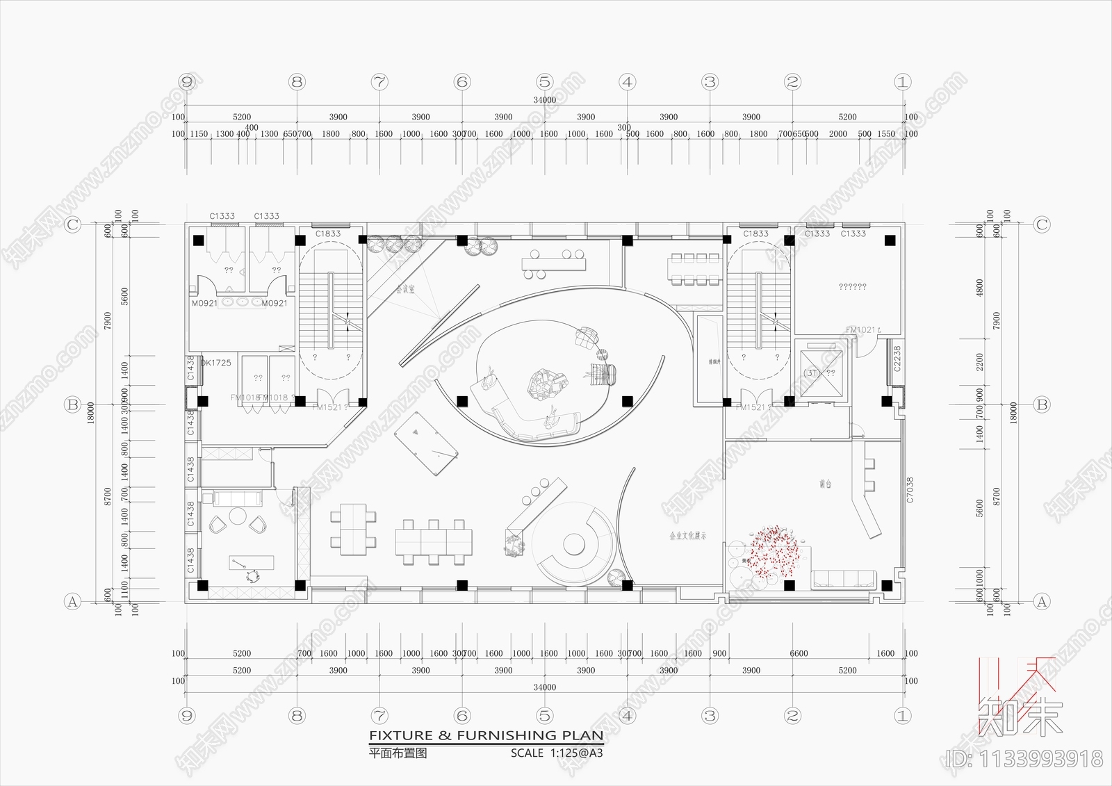 400㎡办公室平面布局施工图下载【ID:1133993918】